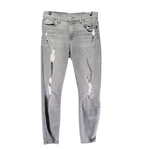 7 For All Mankind Jeans Womens Size 27 Gray Ankle Skinny Distressed Raw Hem Deni - Picture 1 of 15
